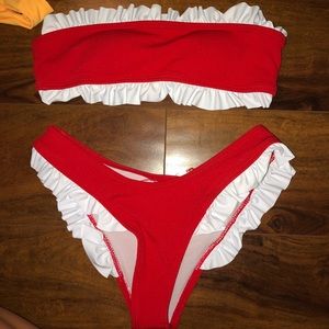 Red strapless swimsuit